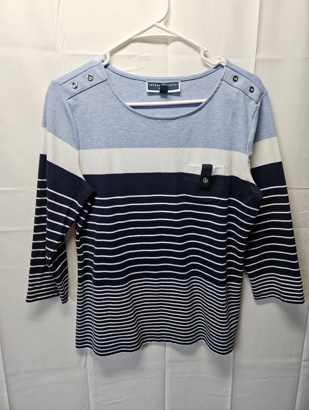 Karen Scott Light Blue, Navy & White Striped Button-Shoulder Top Nwot
